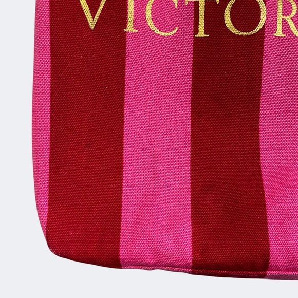 Victoria's Secret Pink Red Striped Canvas Tote Bag Metallic Beach Travel Summer - Picture 2 of 16